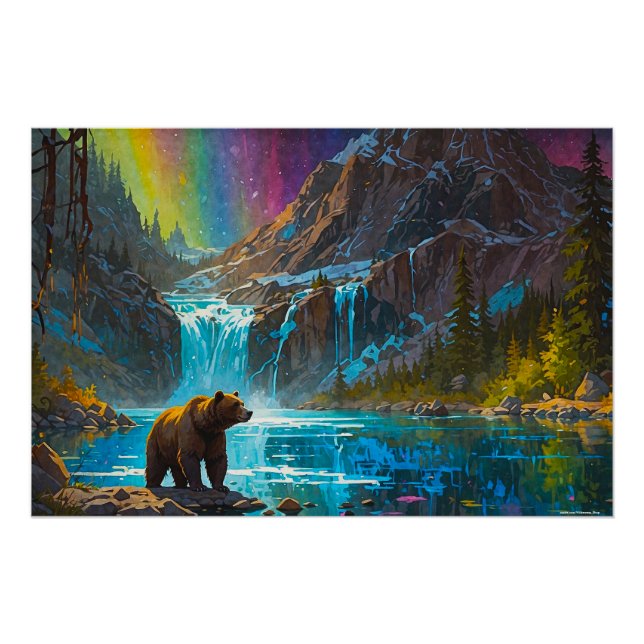 Grizzly Bear and Northern Lights Art Poster (Front)