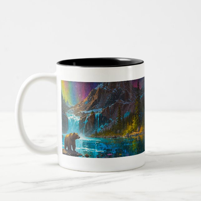 Grizzly Bear and Northern Lights Art Two-Tone Coffee Mug (Left)
