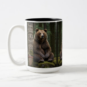 Grizzly Bear and Totem Pole Wildlife Art Two-Tone Coffee Mug