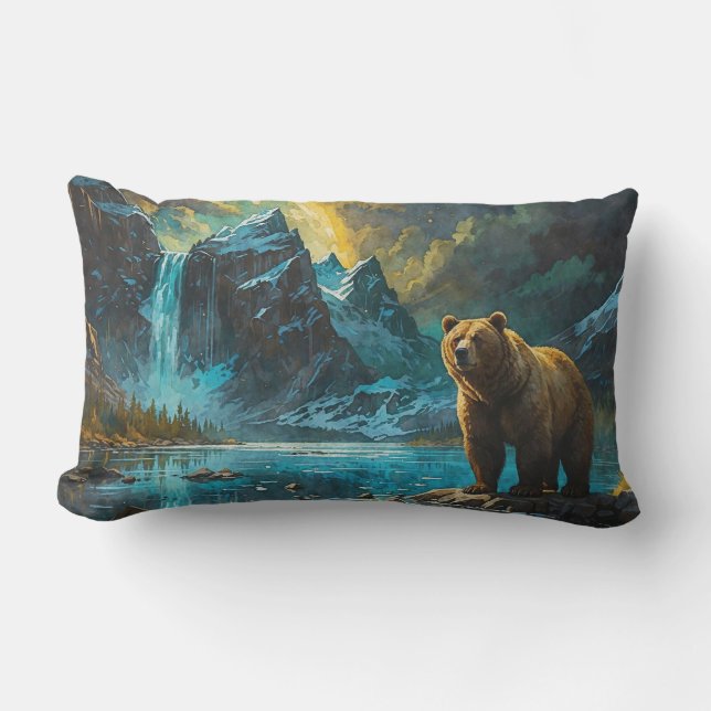 Grizzly Bear and Waterfall Art Lumbar Pillow (Front)