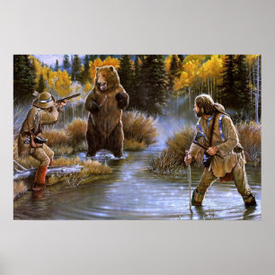 Grizzly Bear Attacks Frontiersmen Wild Nature Poster