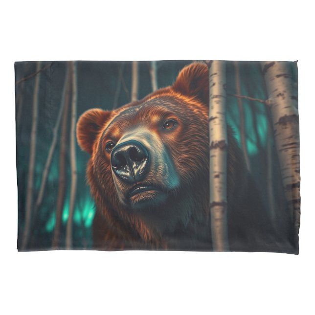 Grizzly Bear, Birches and Aurora Art Pillowcase (Front)