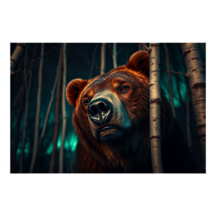 Grizzly Bear, Birches and Aurora Art Poster