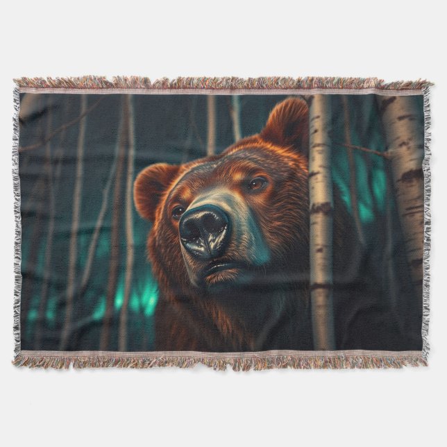 Grizzly Bear, Birches and Aurora Art Throw Blanket (Front)