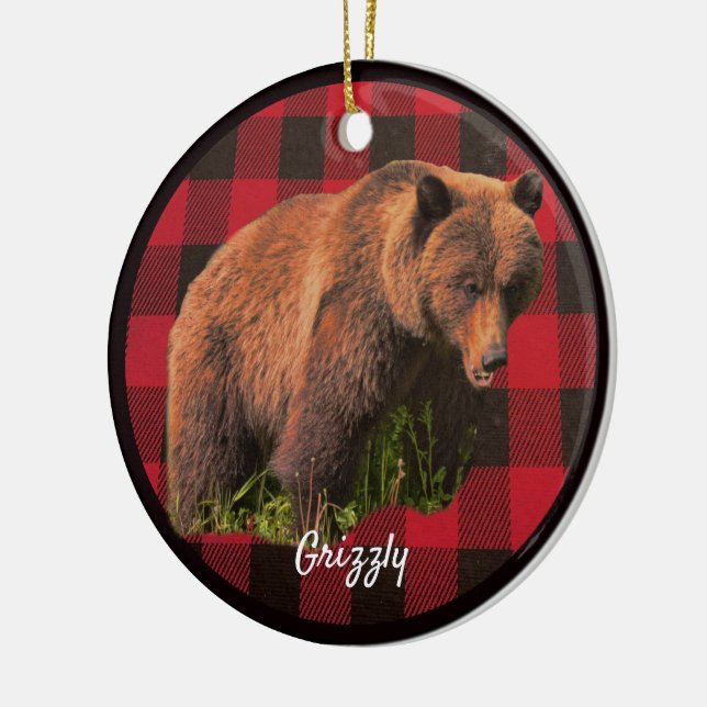 Grizzly Bear Buffalo Plaid Ceramic Ornament (Left)