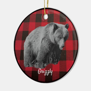 Grizzly Bear Buffalo Plaid en céramique ornement