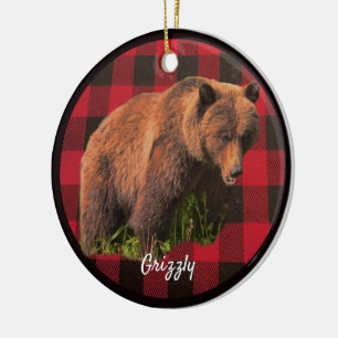 Grizzly Bear Buffalo Plaid en céramique ornement