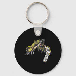Grizzly Bear Bursting Though Biting Hockey Stick L Keychain