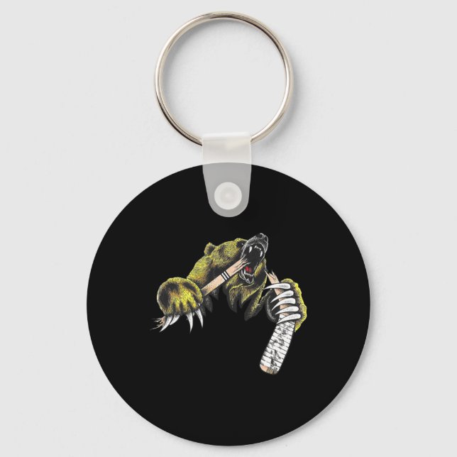 Grizzly Bear Bursting Though Biting Hockey Stick L Keychain (Front)
