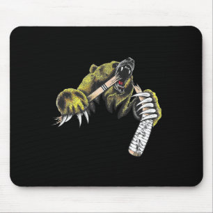 Grizzly Bear Bursting Though Biting Hockey Stick L Mouse Pad
