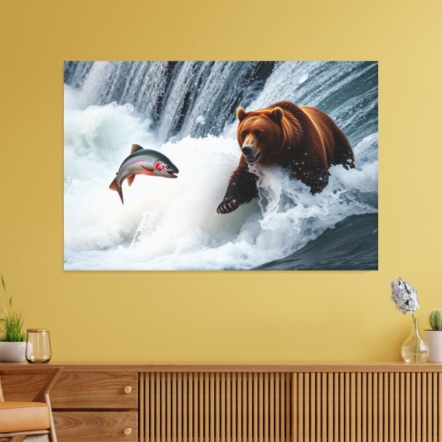 Grizzly Bear Catching Salmon Canvas Print (Insitu(LivingRoom))