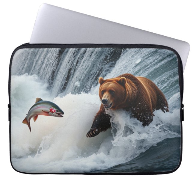 Grizzly Bear Catching Salmon Laptop Sleeve (Front)