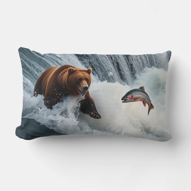 Grizzly Bear Catching Salmon Lumbar Pillow (Front)