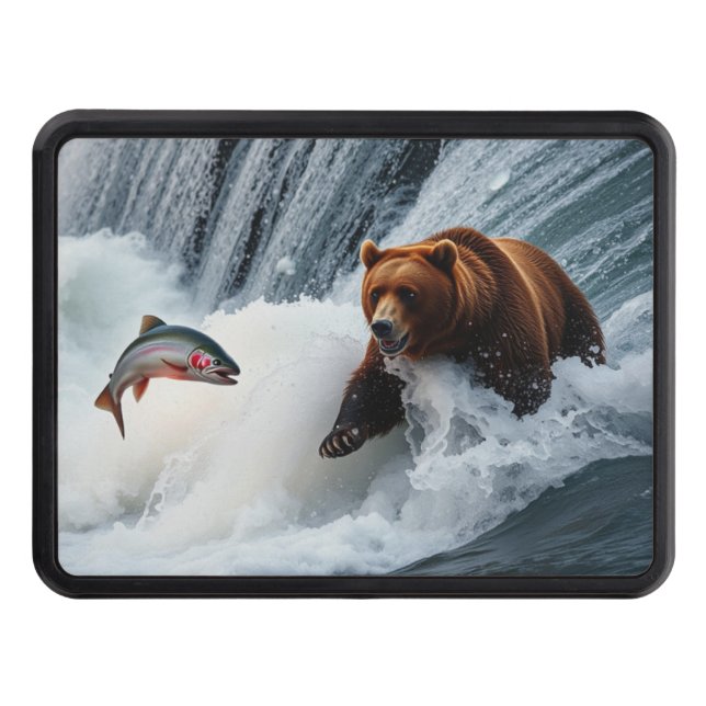 Grizzly Bear Catching Salmon Trailer Hitch Cover (Front)