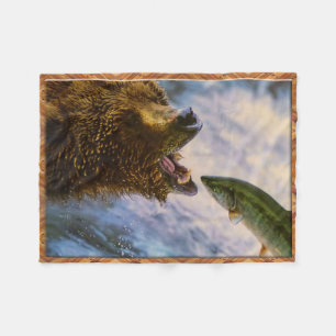 Grizzly Bear Catching Steelhead Salmon Fleece Blanket