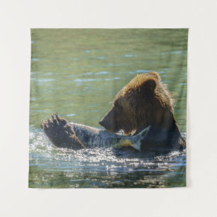 Grizzly Bear Caught A Salmon Tapestry