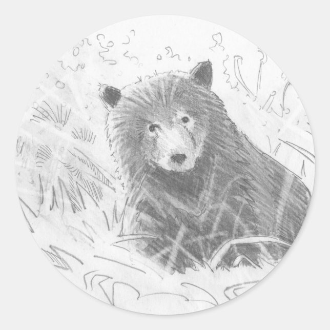 Grizzly Bear Cub Drawing Classic Round Sticker (Front)