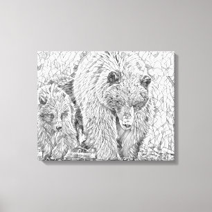 Grizzly Bear & Cub Gray scale abstract coloring  Canvas Print