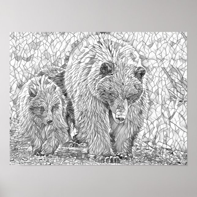 Grizzly Bear & Cub Grey scale abstract colouring Poster (Front)