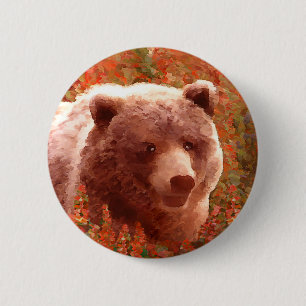 Grizzly Bear Cub in Fireweed Painting Wildlife Art 2 Inch Round Button