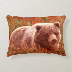 Grizzly Bear Cub in Fireweed Painting Wildlife Art Accent Pillow