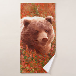 Grizzly Bear Cub in Fireweed Painting Wildlife Art Bath Towel Set