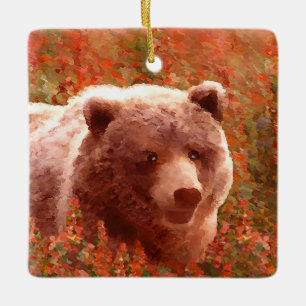 Grizzly Bear Cub in Fireweed Painting Wildlife Art Ceramic Ornament