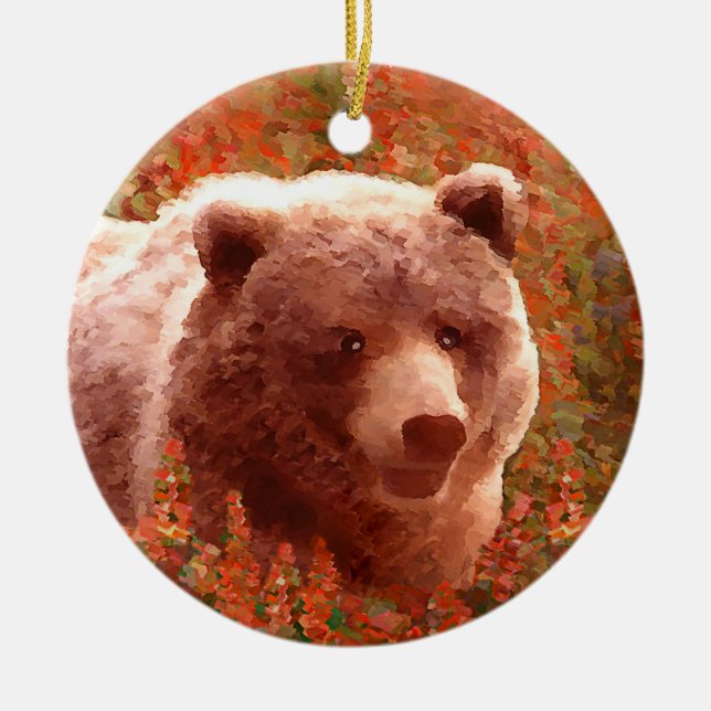 Grizzly Bear Cub in Fireweed Painting Wildlife Art Ceramic Ornament (Front)