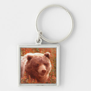 Grizzly Bear Cub in Fireweed Painting Wildlife Art Keychain