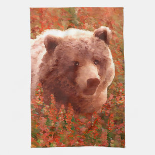 Grizzly Bear Cub in Fireweed Painting Wildlife Art Kitchen Towel