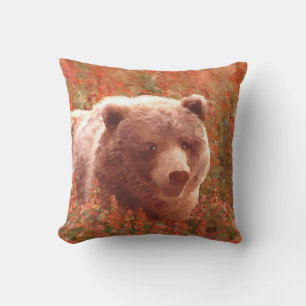 Grizzly Bear Cub in Fireweed Painting Wildlife Art Outdoor Pillow