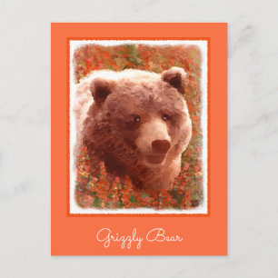 Grizzly Bear Cub in Fireweed Painting Wildlife Art Postcard