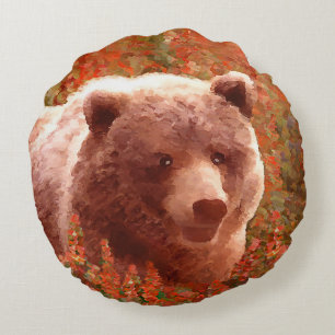 Grizzly Bear Cub in Fireweed Painting Wildlife Art Round Pillow