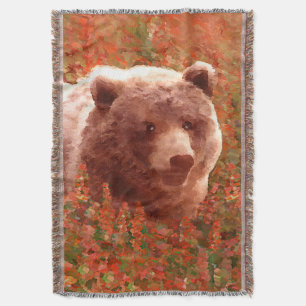 Grizzly Bear Cub in Fireweed Painting Wildlife Art Throw Blanket