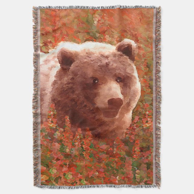 Grizzly Bear Cub in Fireweed Painting Wildlife Art Throw Blanket (Front Vertical)