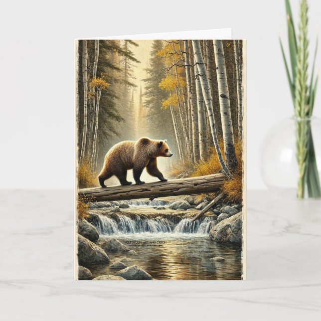 Grizzly Bear Fallen Log Bridge Creek Fall Aspens Card (Front)
