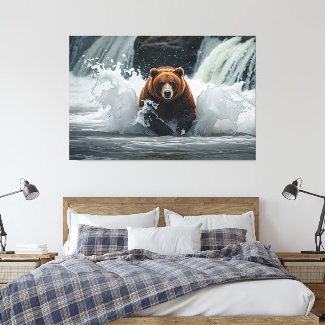 Grizzly Bear Fishing at Falls Canvas Print (Insitu(Bedroom))