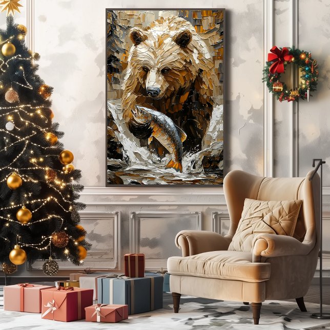 Grizzly Bear Fishing in Dynamic Impasto Style Canvas Print (Creator Uploaded)