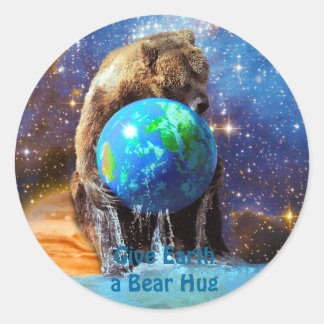 Grizzly Bear Hugging Planet Earth Day Classic Round Sticker