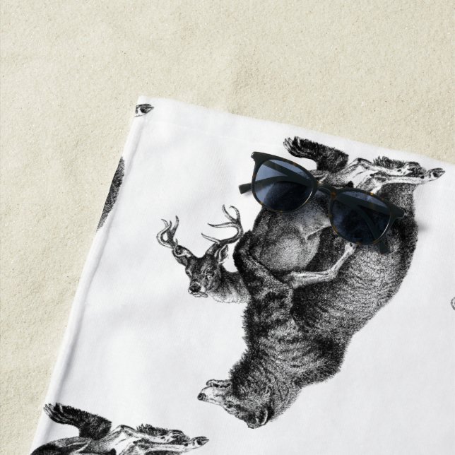 Grizzly bear Hunting Deer Simple Drawing Beach Towel (In Situ)