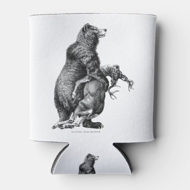 Grizzly bear Hunting Deer Simple Drawing Can Cooler (Front)