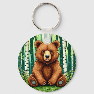 Grizzly Bear in a Birch Forest Keychain