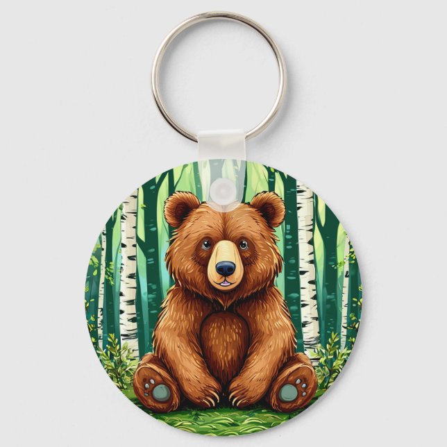 Grizzly Bear in a Birch Forest Keychain (Front)