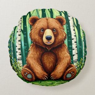 Grizzly Bear in a Birch Forest Round Pillow