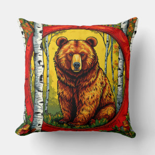 Grizzly Bear in a Birch Forest Throw Pillow