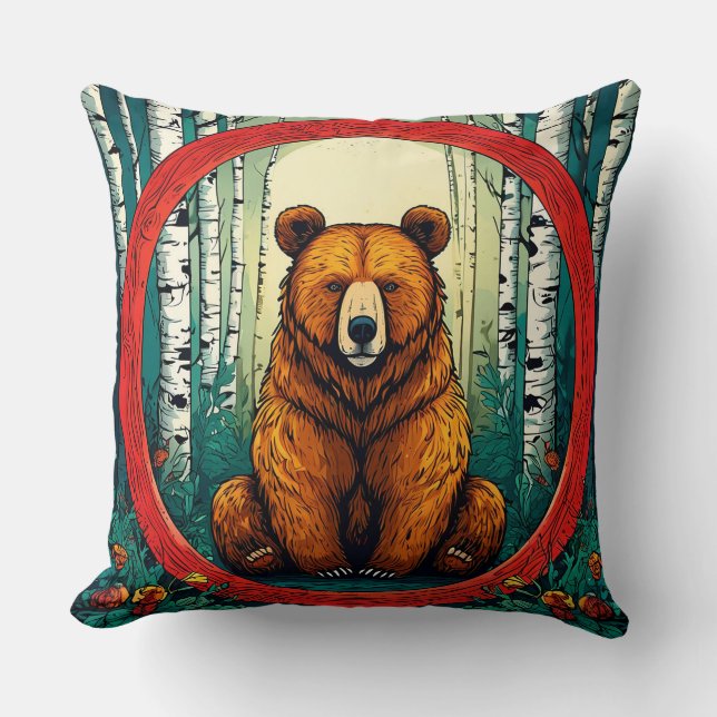 Grizzly Bear in a Birch Forest Throw Pillow (Front)