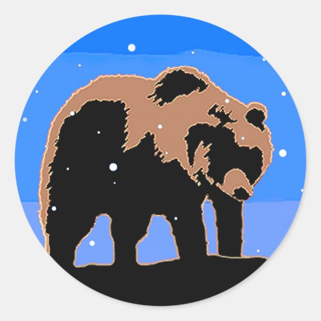 Grizzly Bear in Winter  - Original Wildlife Art Classic Round Sticker (Front)