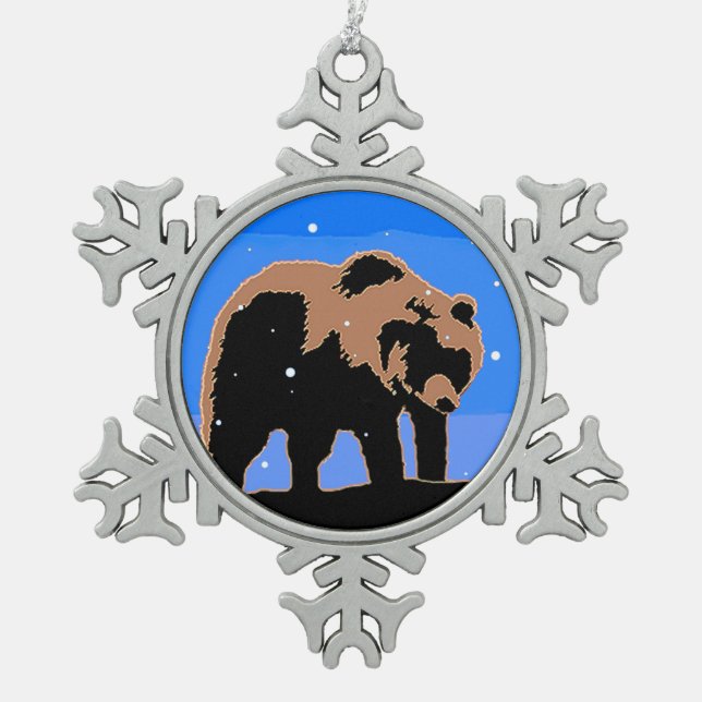 Grizzly Bear in Winter  - Original Wildlife Art Snowflake Pewter Christmas Ornament (Front)