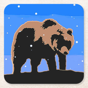Grizzly Bear in Winter - Original Wildlife Art Square Paper Coaster