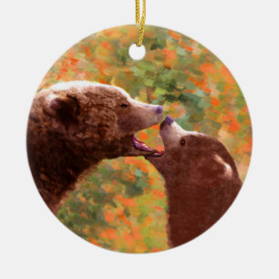 Grizzly Bear Mom and Cub Painting - Wildlife Art Ceramic Ornament